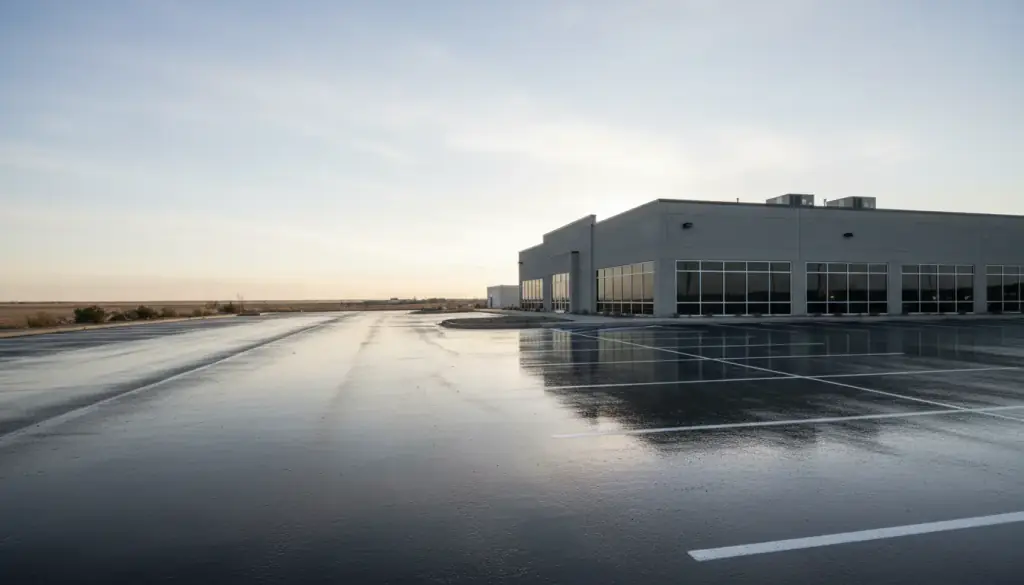 A freshly restriped commercial parking lot at dawn in front of a low office building