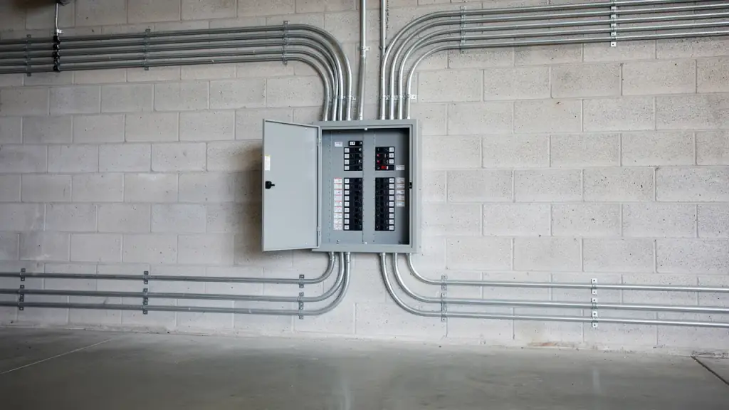 Commercial electrical room with a panelboard open on neatly dressed breakers