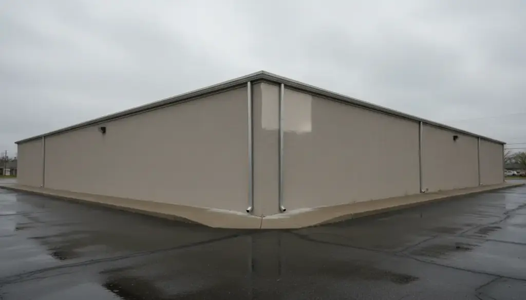 Commercial building roofline and downspout after a storm, with a section of gutter being checked
