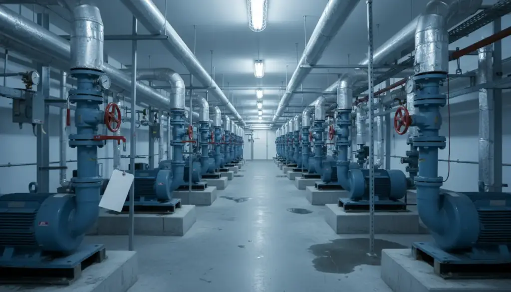 Commercial mechanical room aisle with painted pumps, insulated piping and pressure gauges