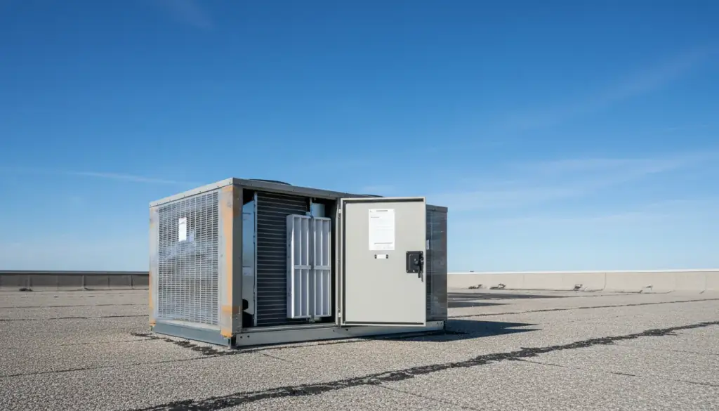 Packaged rooftop HVAC unit with an access panel removed to show the filter rack