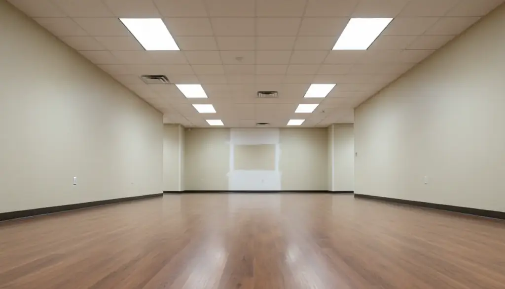 Office corridor with one freshly replaced ceiling tile and a newly patched wall