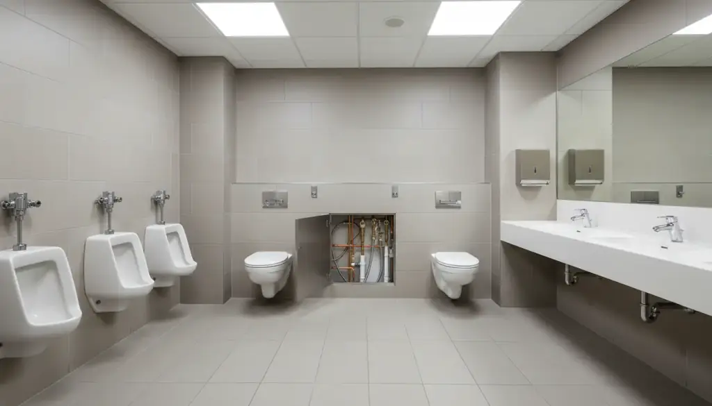 Commercial restroom with a row of wall-mounted fixtures and an open access panel to the supply lines
